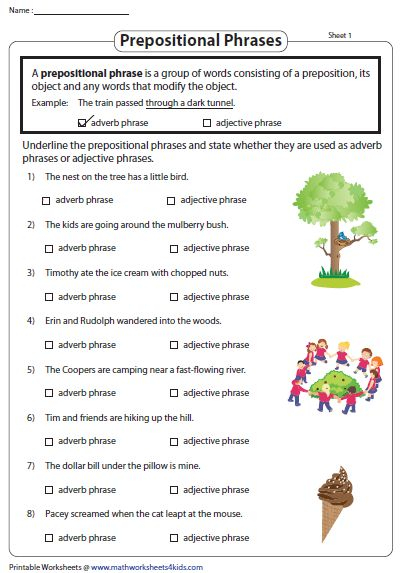 Prepositions And Prepositional Phrases Worksheets Prepositional 