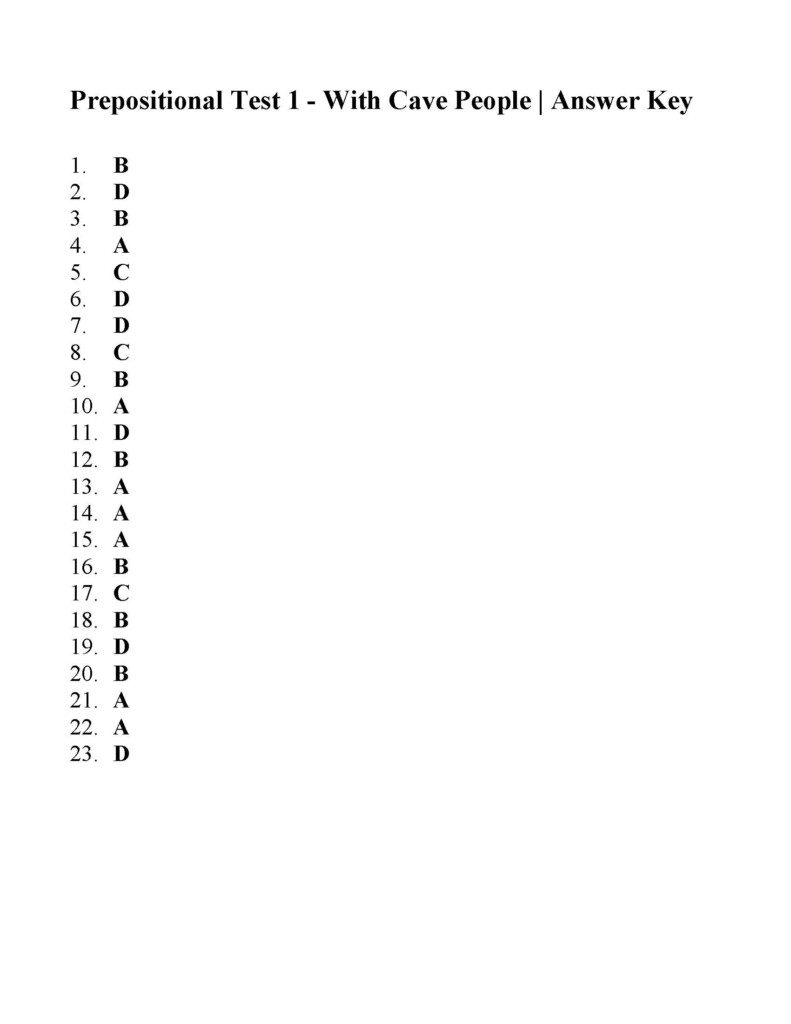 Prepositions Test 1 Answers