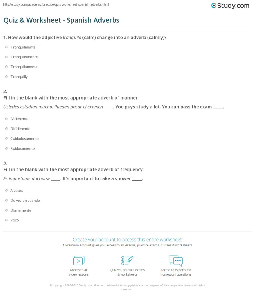 Quiz Worksheet Spanish Adverbs Study