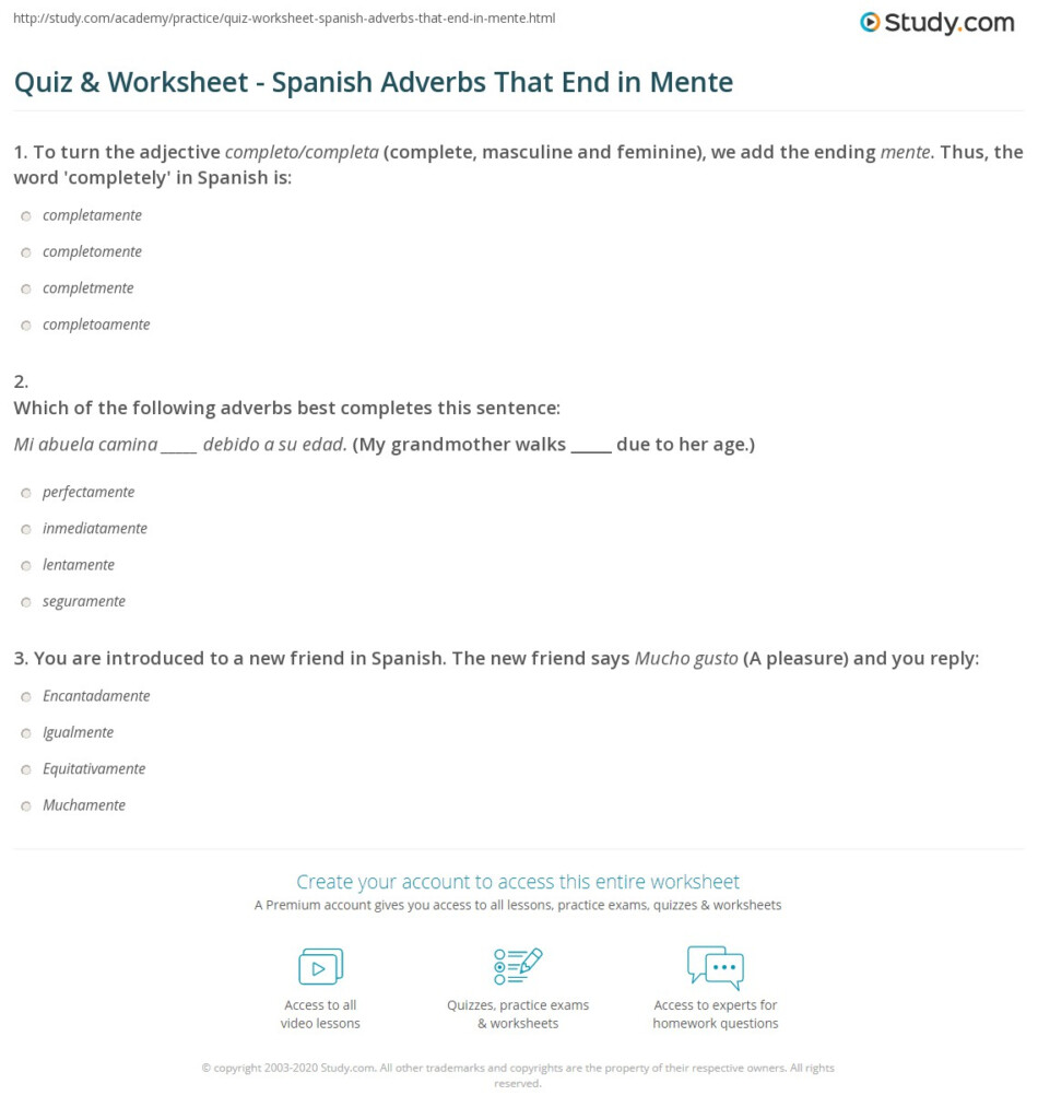 Quiz Worksheet Spanish Adverbs That End In Mente Study