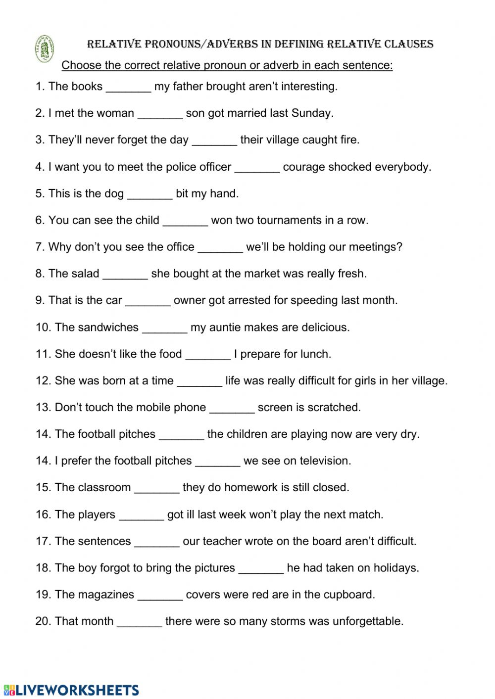 Relative Pronouns Adverbs Worksheet