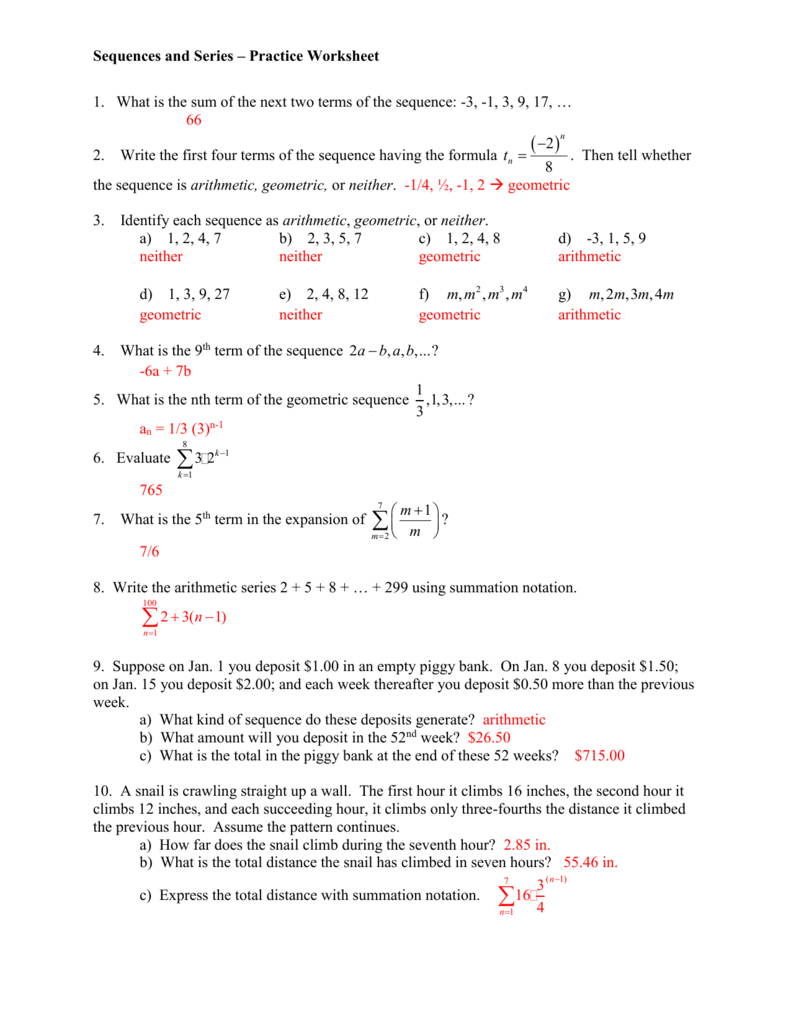 Sequences And Series Practice Worksheet 1 What Is The Sum Of Db 