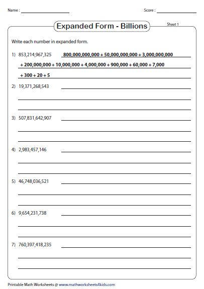 Standard And Expanded Form Billions Place Value Expanded Form 