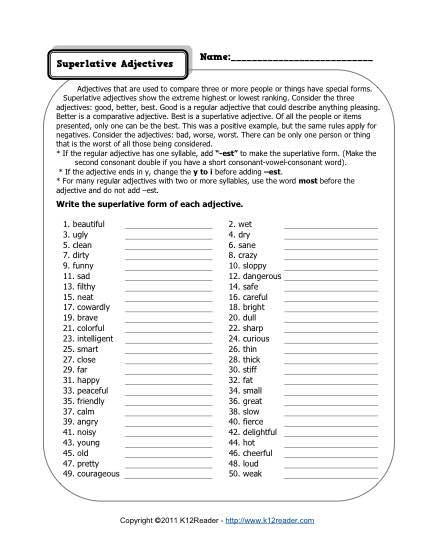 Superlative Adjectives Worksheets 3rd Grade