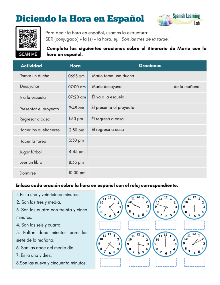 Telling Time In Spanish PDF Worksheet SpanishLearningLab