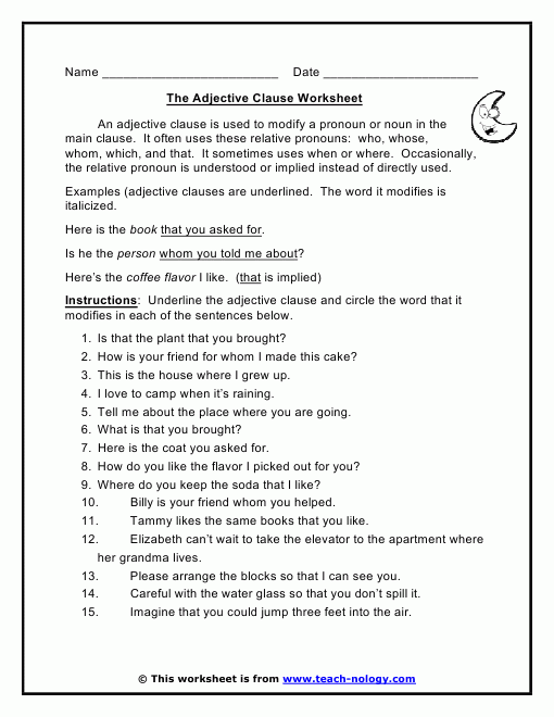 The Adjective Clause Worksheet